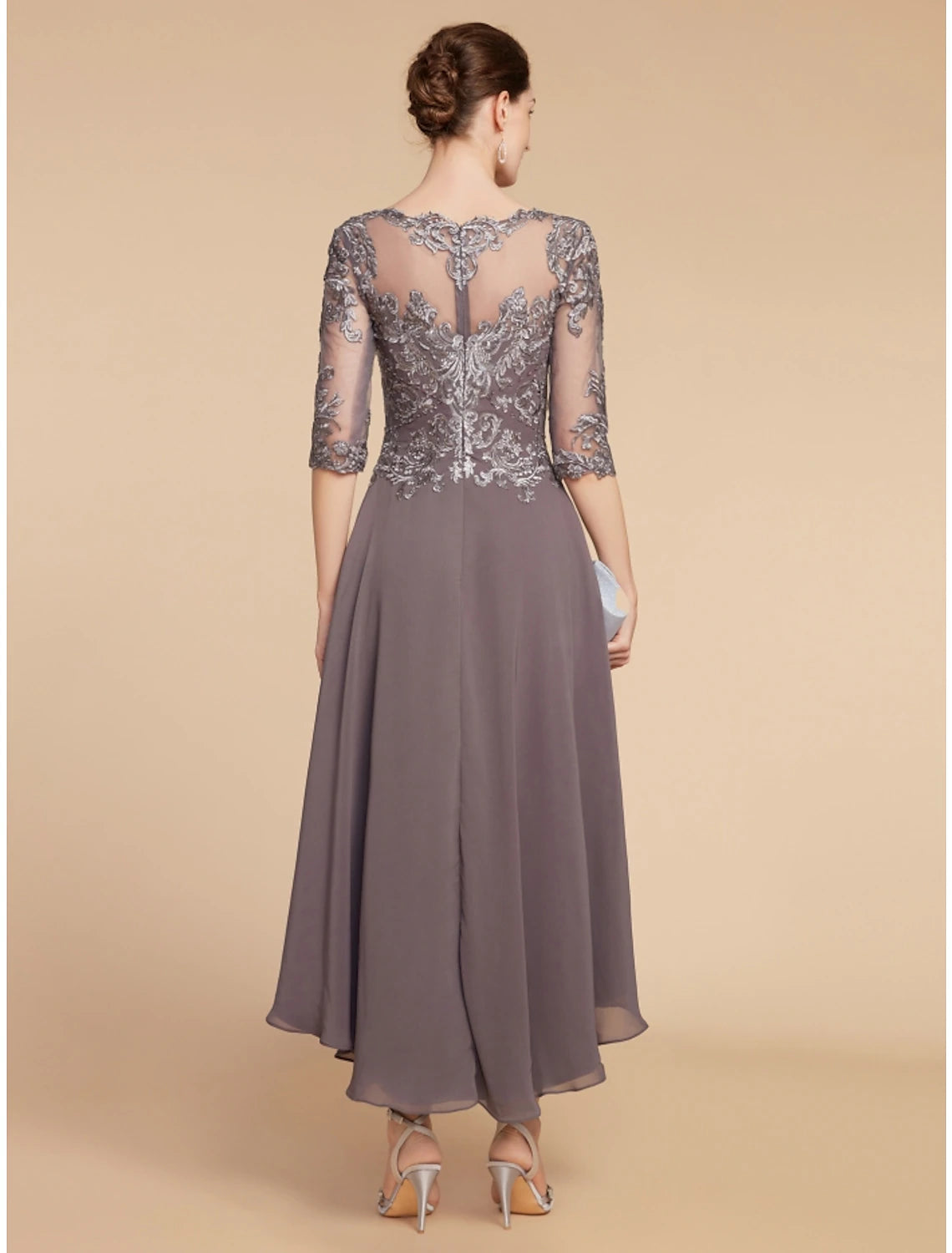 A-Line Mother of the Bride Dress Wedding Guest Elegant Vintage Scoop Neck Asymmetrical Chiffon Lace Half Sleeve with Ruching Solid Color