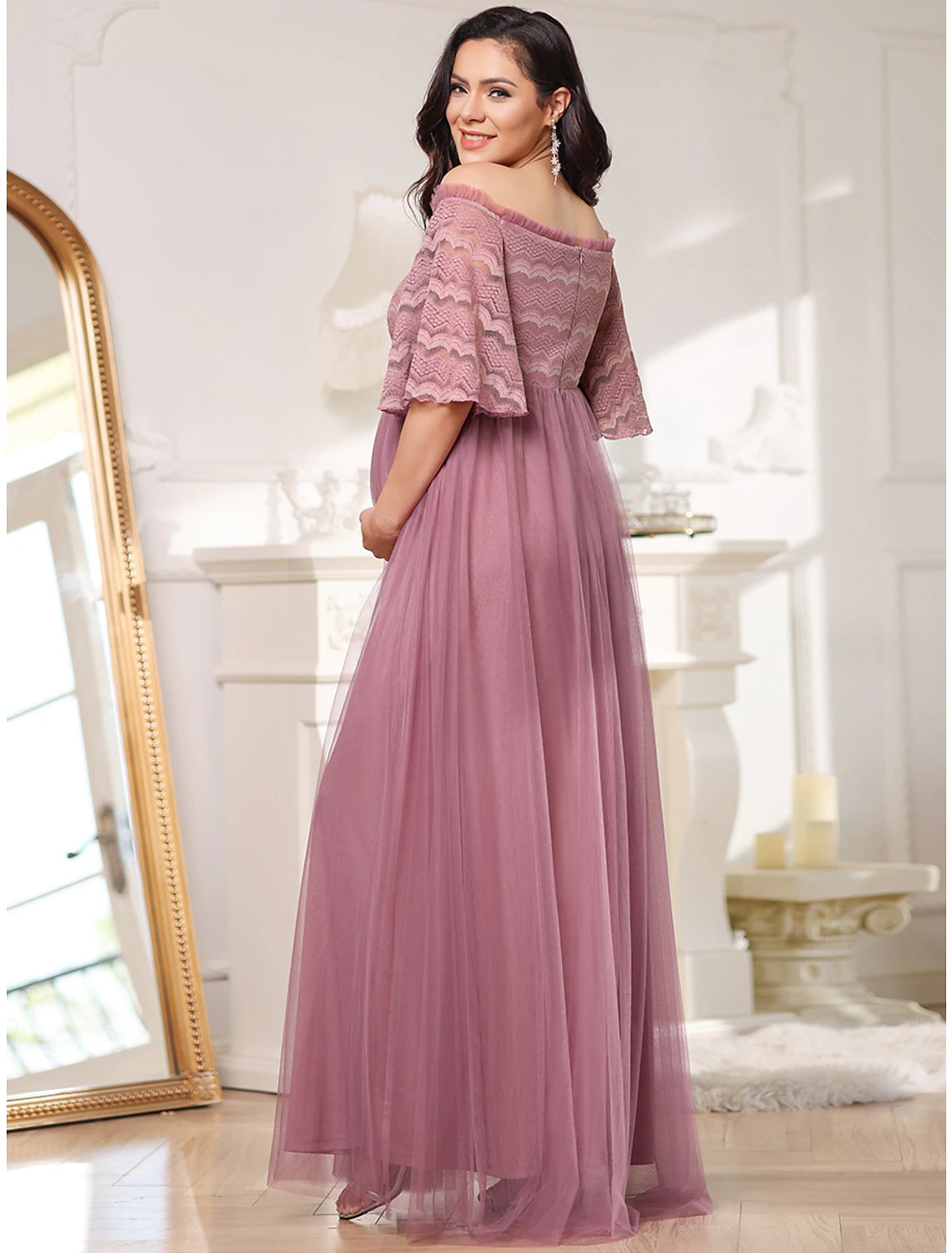 A-Line Mother of the Bride Dress Maternity Elegant Off Shoulder Floor Length Lace Tulle Sleeveless with Tier