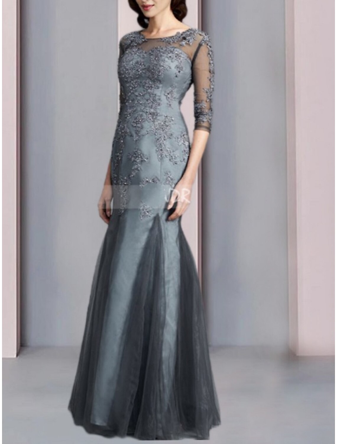 Mermaid / Trumpet Mother of the Bride Dress Wedding Guest Elegant Scoop Neck Floor Length Chiffon Half Sleeve with Lace Ruching