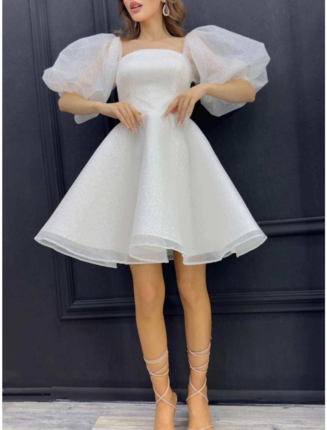 A-Line Homecoming Dresses Sparkle Dress Homecoming Short / Mini Half Sleeve Square Neck Sequined with Glitter Pleats