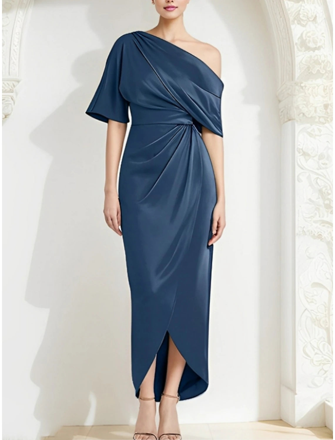 A-Line Mother of the Bride Dress Wedding Guest Elegant Off Shoulder Ankle Length Imitated Silk Half Sleeve with Split Front Ruching