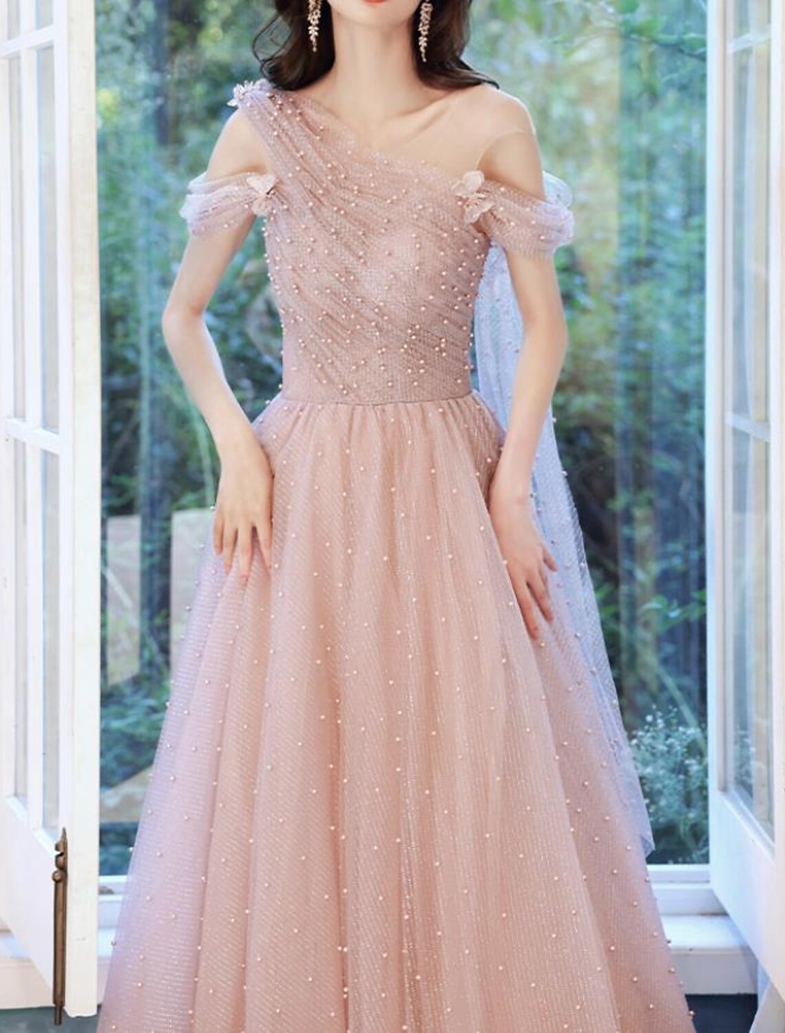 A-Line Prom Dresses Glittering Dress Wedding Guest Engagement Floor Length Sleeveless Illusion Neck Tulle with Pleats Beading