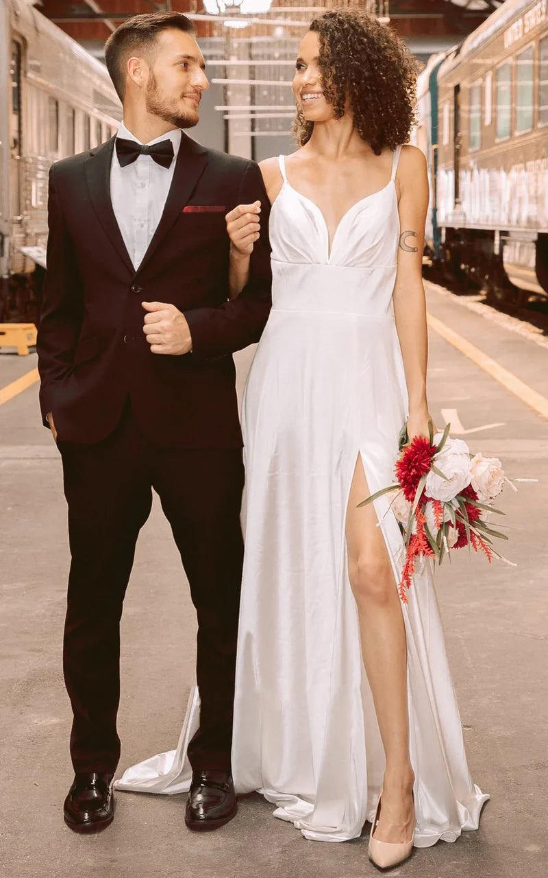 Buyishang Satin A-Line Plunging Neckline Elegant Wedding Dress With Open Back And Split Front