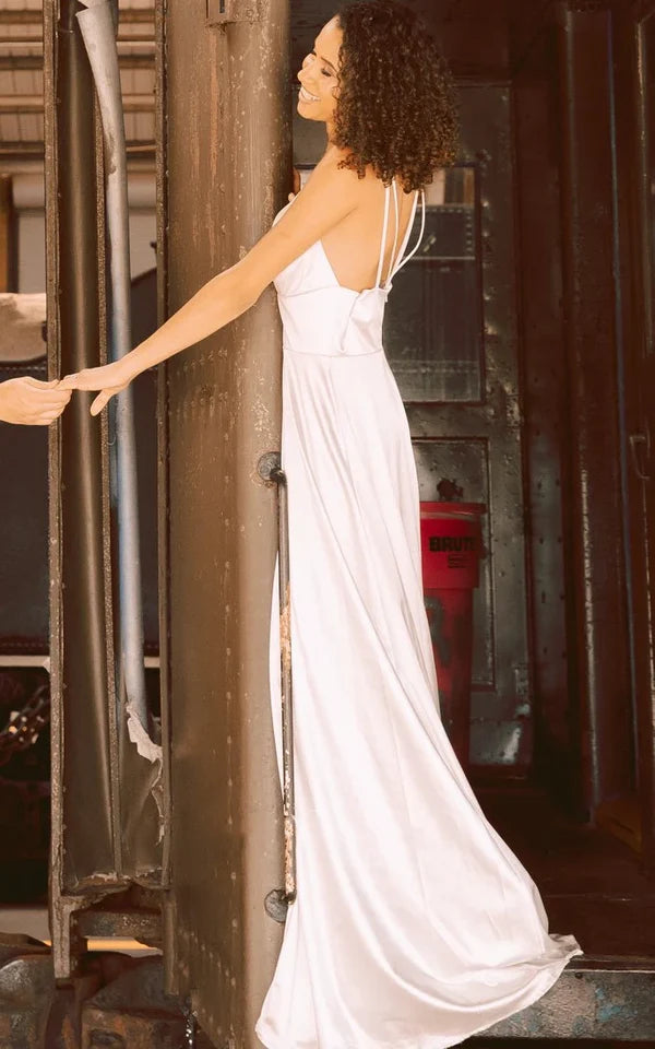 Buyishang Satin A-Line Plunging Neckline Elegant Wedding Dress With Open Back And Split Front