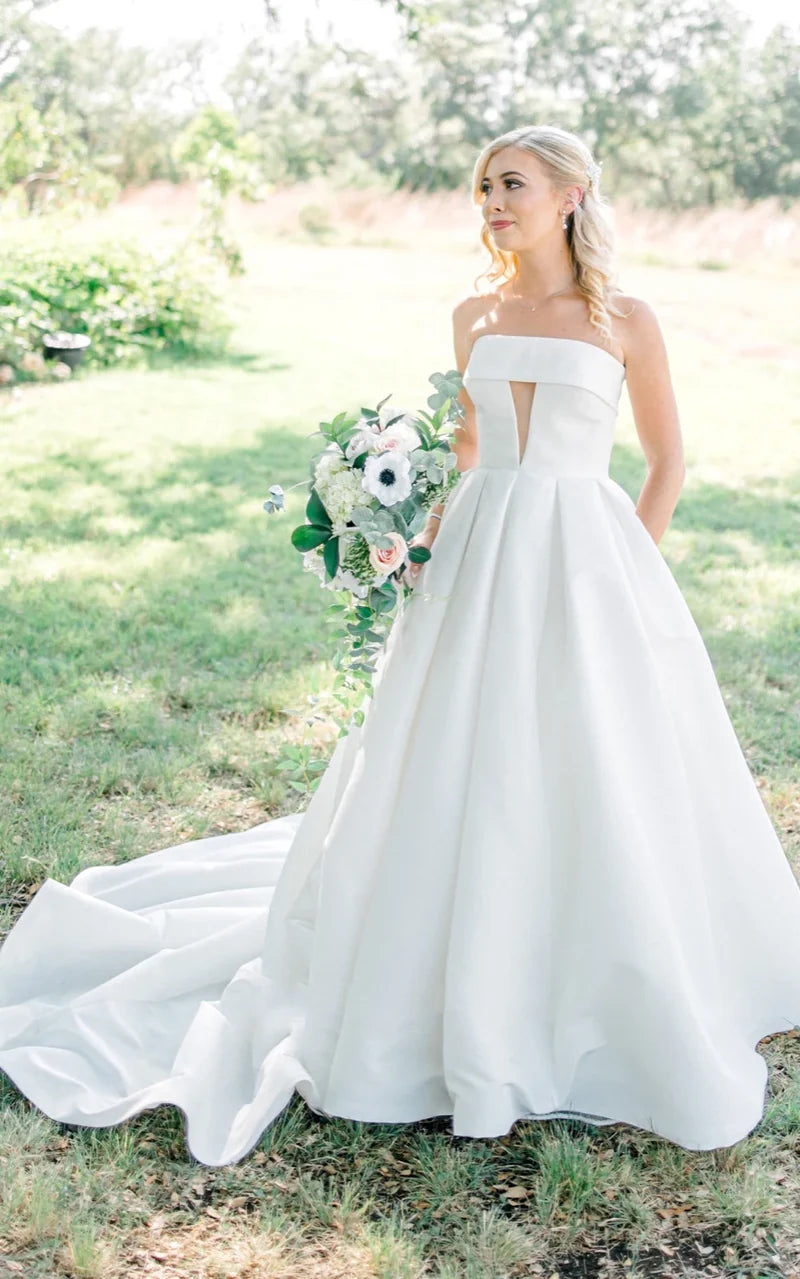 Buyishang Satin A-Line Strapless Beach Elegant Wedding Dress With Button Back And Chapel Train