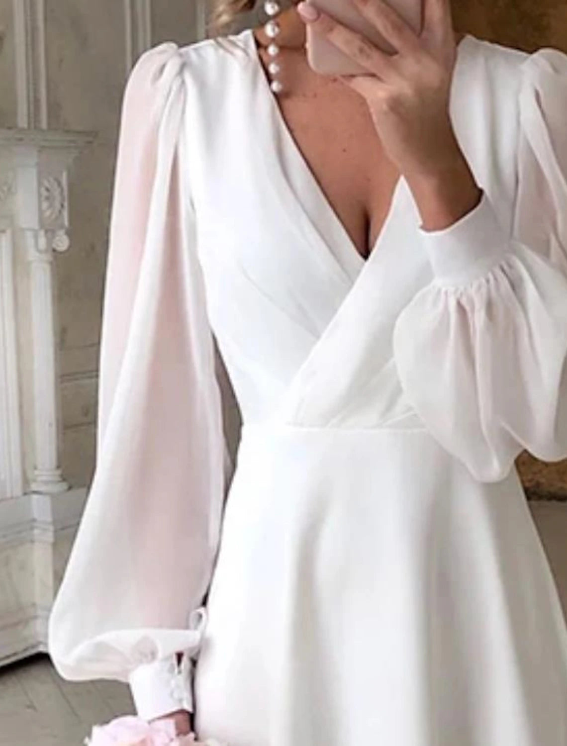Buyishang Reception Little White Dresses Wedding Dresses A-Line V Neck Long Sleeve Ankle Length Chiffon Bridal Gowns With Solid Color