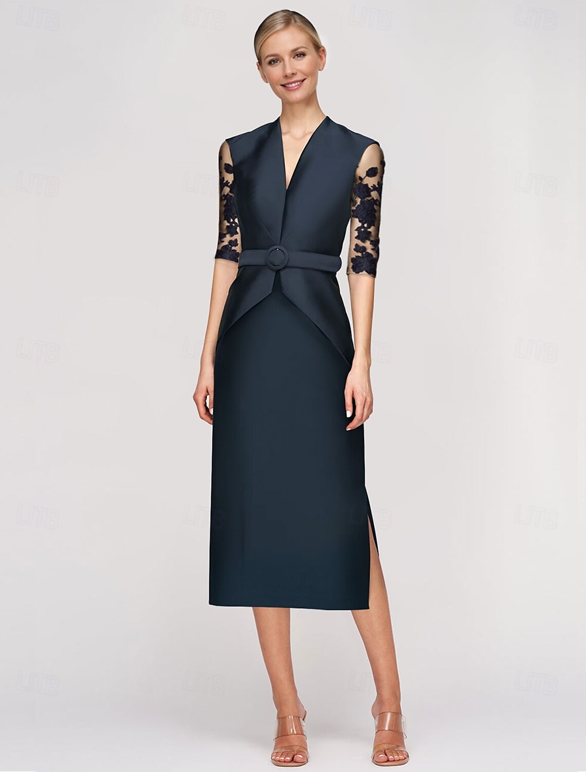 Buyishang Sheath / Column Dress Mother of the Bride Dress Elegant V Neck Ankle Length Satin Half Sleeve with Lace Solid Color free custom size