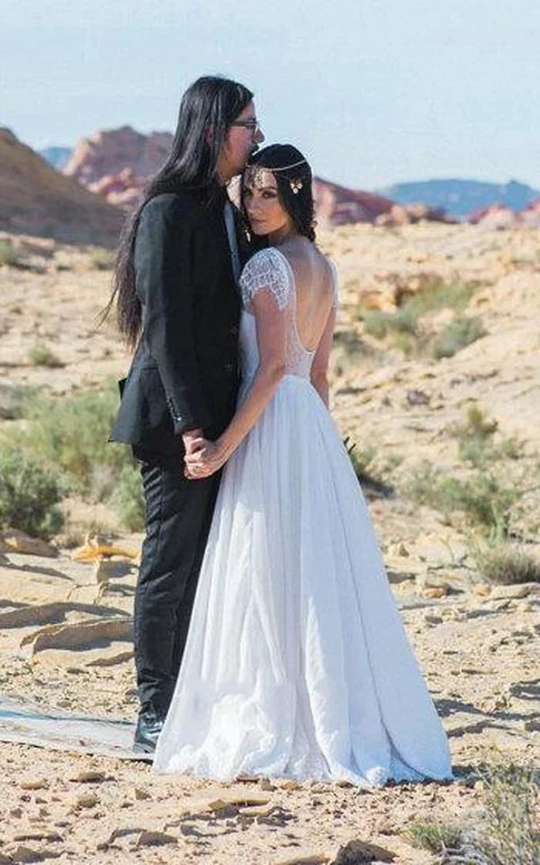 Buyishang Scoop Neck Short Sleeve A-Line Chiffon Wedding Dress With Lace Hem