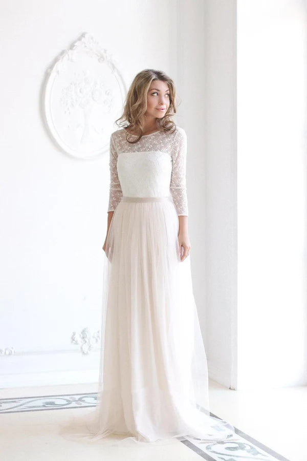 Buyishang Scoop Neck Long Sleeve Tulle Wedding Dress With Lace Bodice