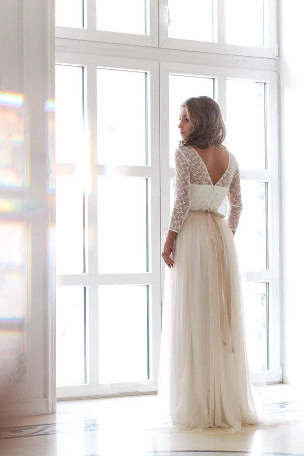 Buyishang Scoop Neck Long Sleeve Tulle Wedding Dress With Lace Bodice