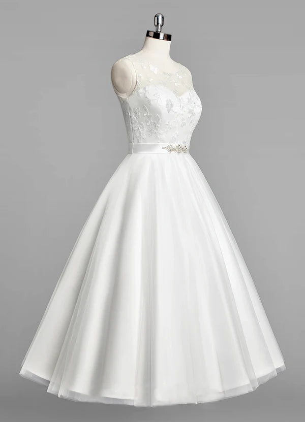 Buyishang Scoop Neck Sleeveless A-Line Tulle Tea-Length Wedding Dress With Beaded Sash
