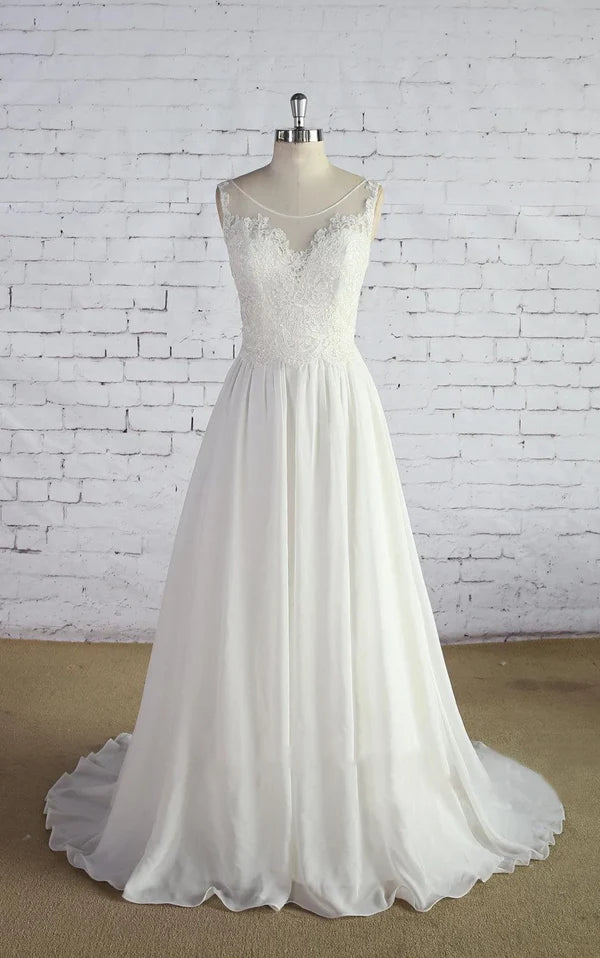 Buyishang Scoop Neck Sleeveless Long A-Line Chiffon Wedding Dress With Lace Bodice