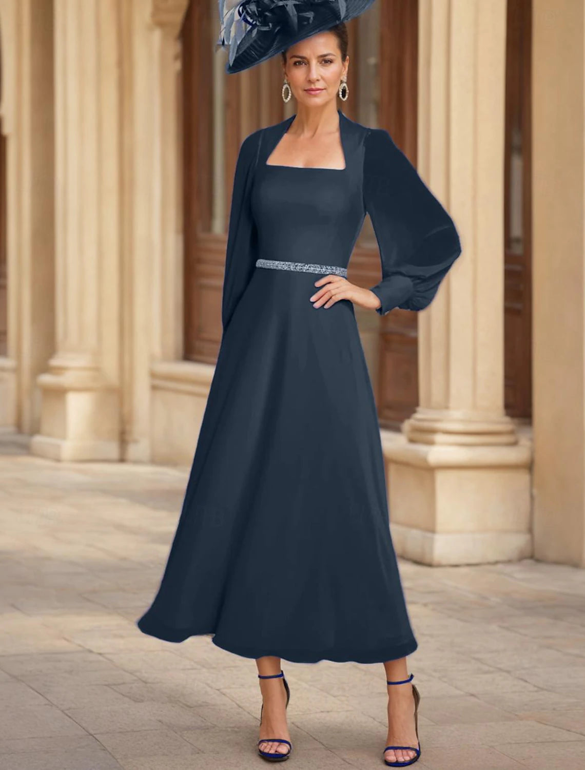 Buyishang A-Line Mother of the Bride Dress Wedding Guest Elegant Square Neck Ankle Length Chiffon Long Sleeve with Crystals free custom size
