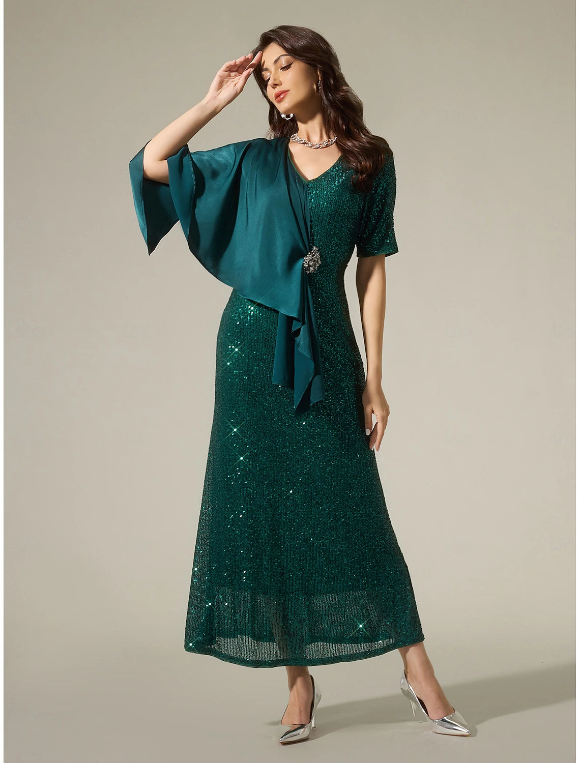 Buyishang Green Satin Sequin Sparkly Mismatched Short Sleeve Mother of the Bride Sparkly Maxi Dress dress to impress