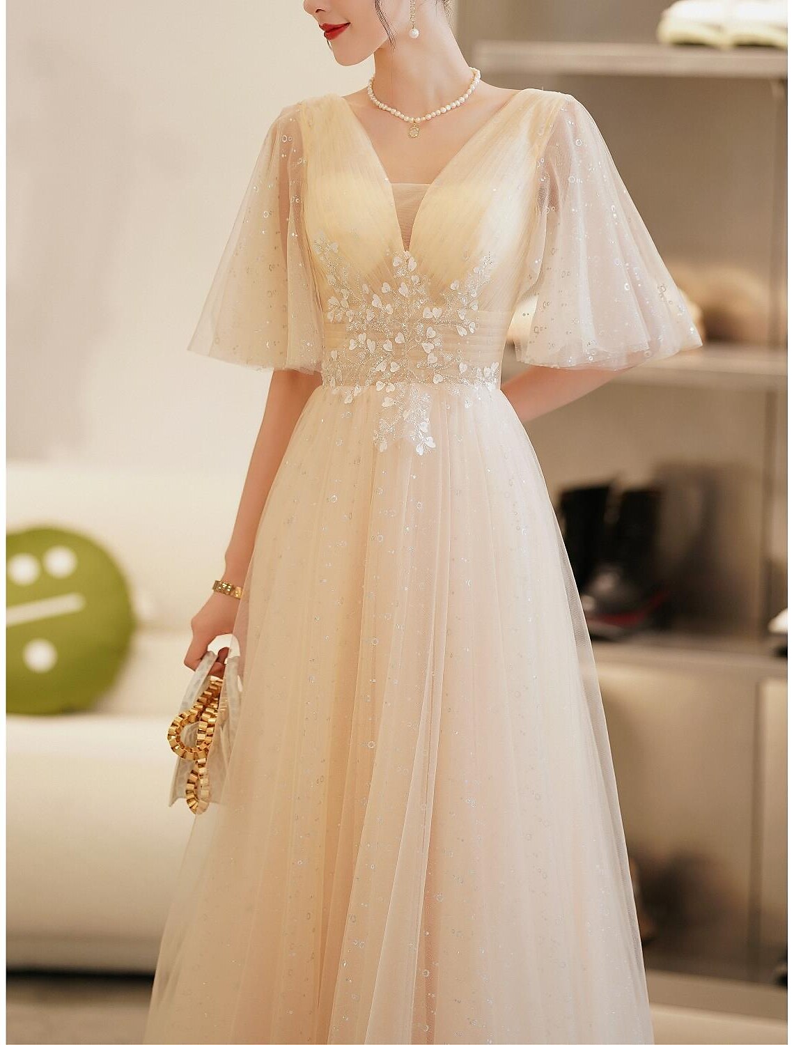 A-Line Prom Dresses Elegant Dress Wedding Guest Prom Floor Length Half Sleeve V Neck Satin with Beading Appliques