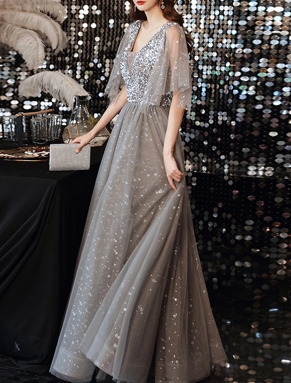 A-Line Evening Gown Sparkle Dress Wedding Guest Formal Evening Floor Length Half Sleeve V Neck Tulle with Sequin Splicing