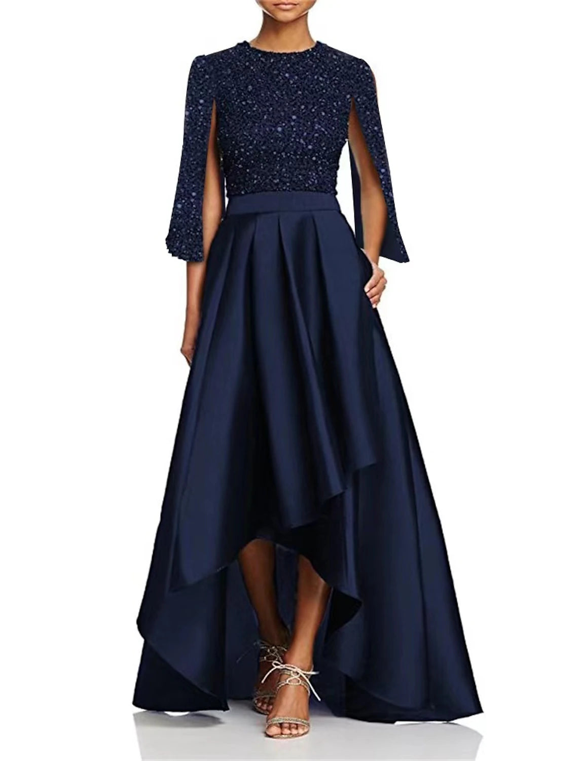 A-Line Cocktail Dresses Elegant Dress Wedding Party Church Tea Length Long Sleeve Jewel Neck  Sequined with Slit