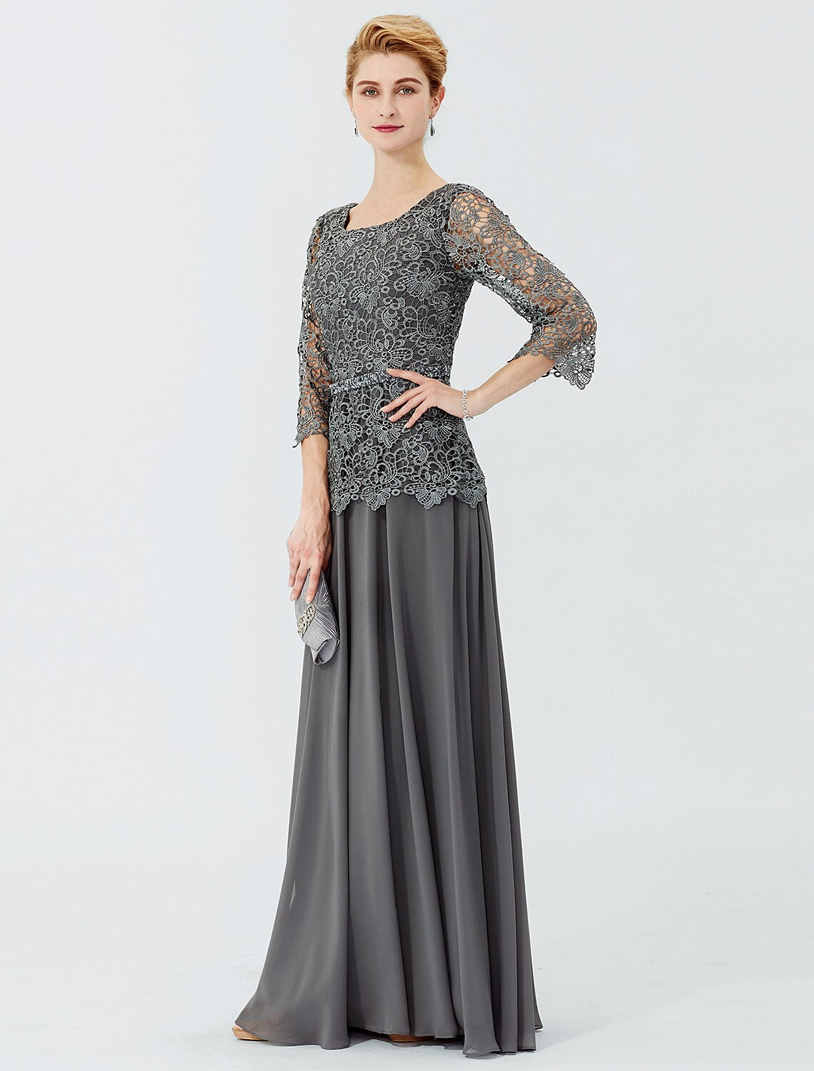 Ball Gown A-Line Mother of the Bride Dress Formal Classic & Timeless Elegant & Luxurious Elegant Scoop Neck Floor Length Chiffon Corded Lace 3/4 Length Sleeve with Sashes / Ribbons Beading