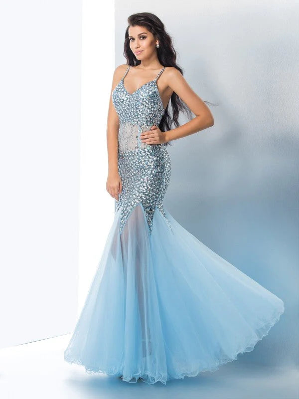 Mermaid Spaghetti Straps Sequin Sleeveless Long Tulle Prom Dresses