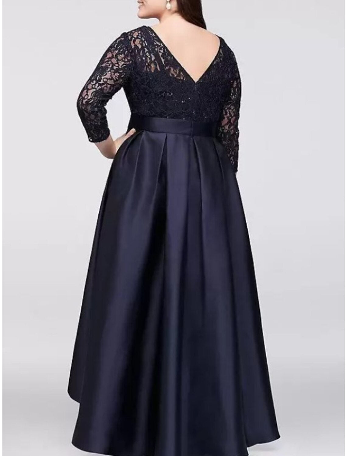 Mother of the Bride Dresses Plus Size Curve Hide Belly Formal Party Vintage Elegant Scoop Neck Asymmetrical Satin Lace 3/4 Length Sleeve with Bow(s) Pleats