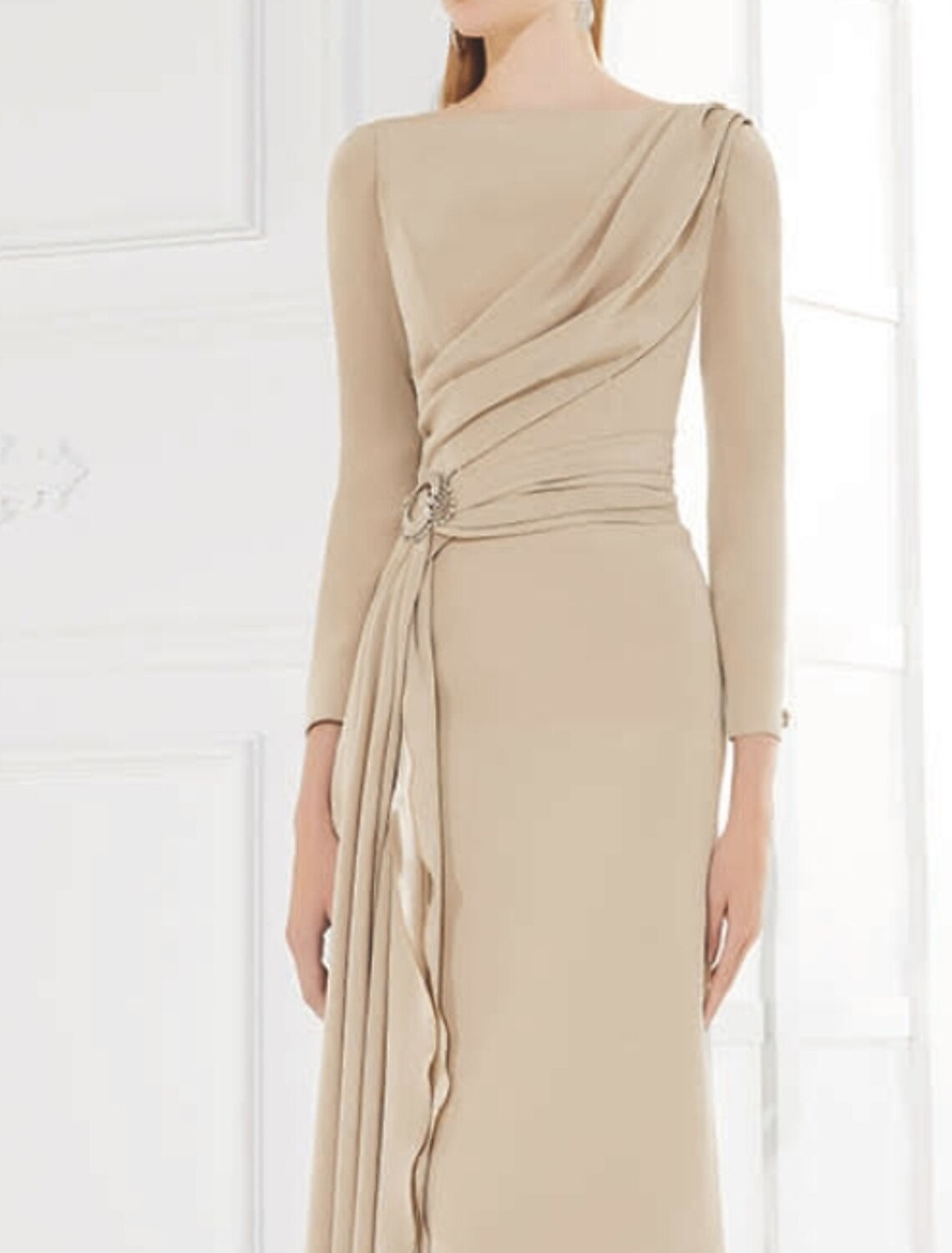 Sheath / Column Mother of the Bride Dress Elegant Jewel Neck Floor Length Chiffon Satin 3/4 Length Sleeve with Pleats Ruching