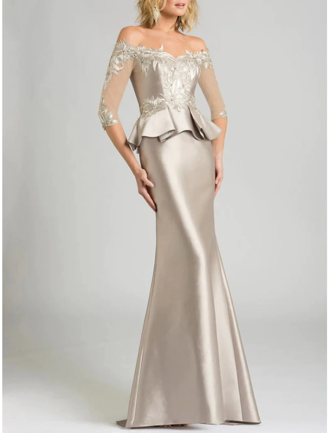 Mermaid / Trumpet Mother of the Bride Dress Wedding Guest Party Elegant Off Shoulder Floor Length Stretch Satin 3/4 Length Sleeve with Lace Sequin Ruching