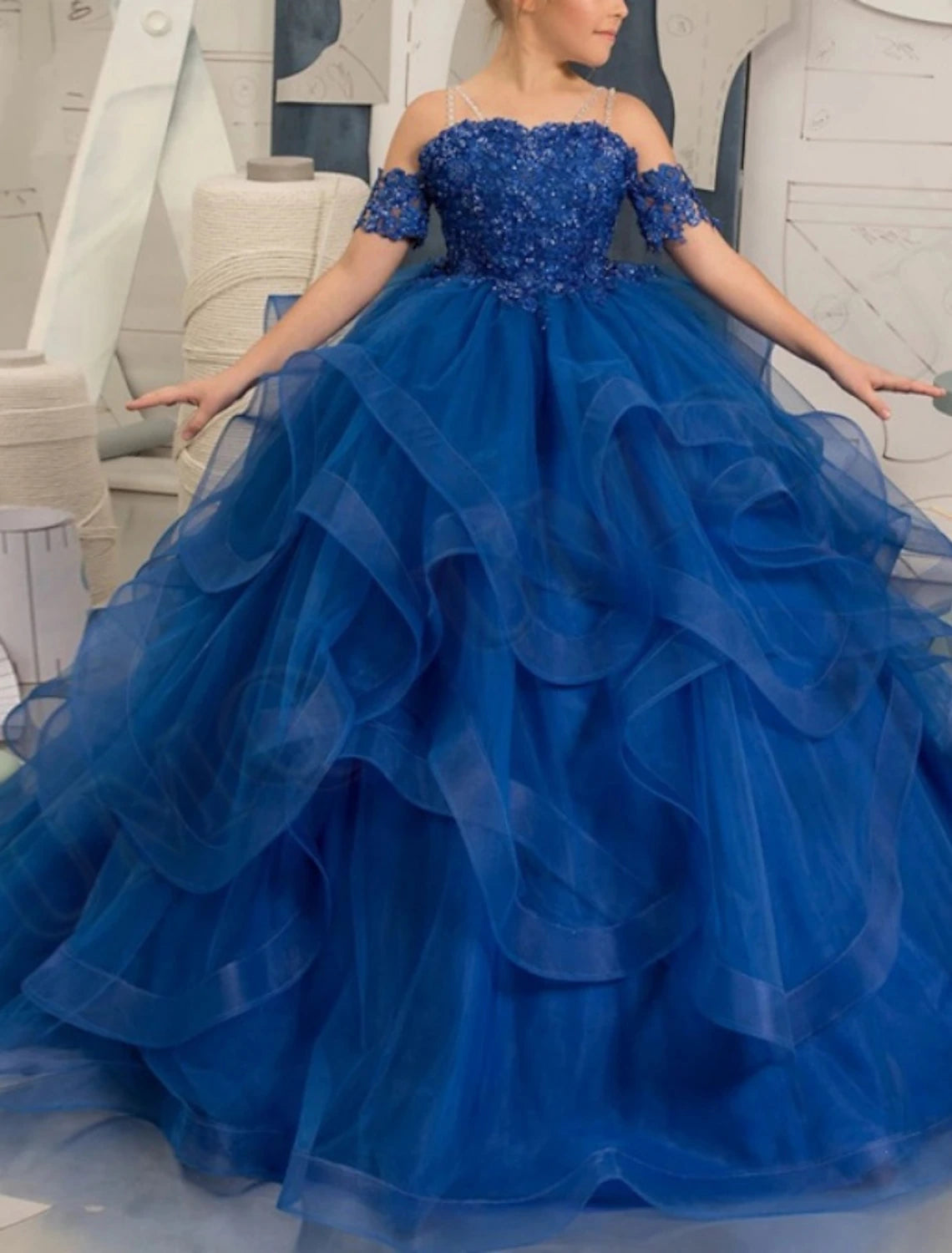 Princess Floor Length Flower Girl Dress Wedding Party Girls Cute Prom Dress Lace with Appliques Elegant