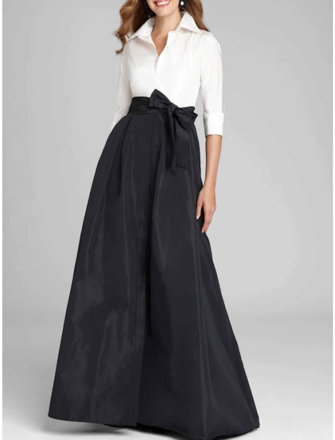 A-Line Evening Gown Elegant Dress Formal Wedding Guest Floor Length Half Sleeve Shirt Collar Satin with Bow(s) Pleats