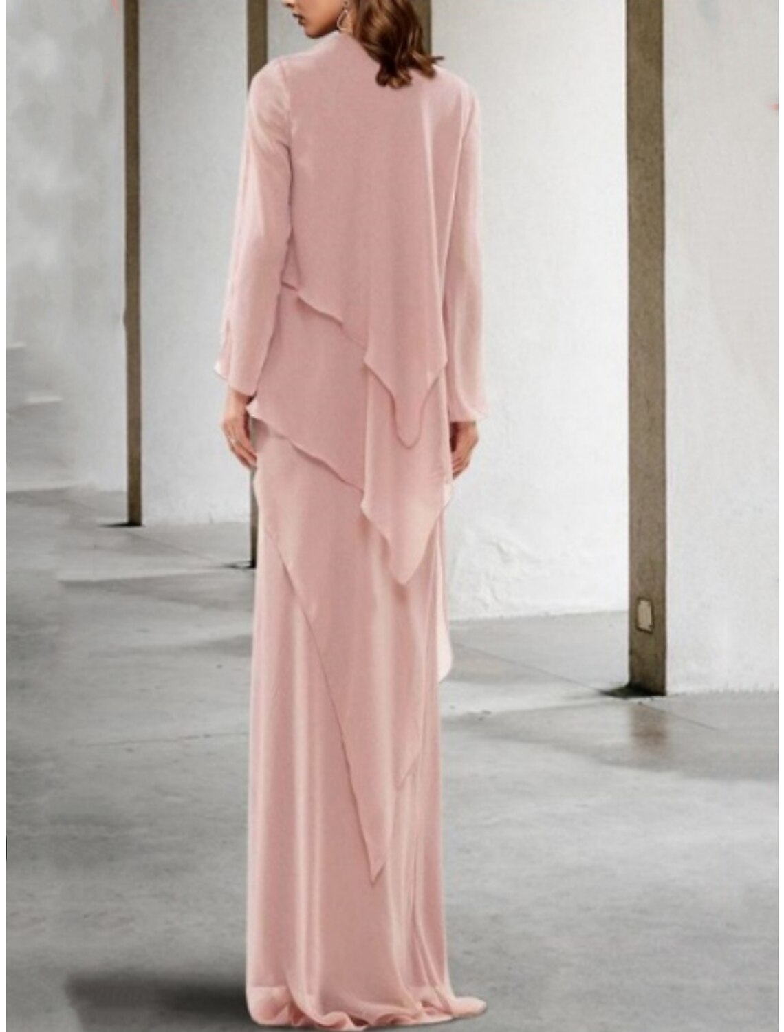 Sheath / Column Mother of the Bride Dress Wedding Guest Elegant Scoop Neck Sweep / Brush Train Stretch Chiffon 3/4 Length Sleeve with Pleats Beading Solid Color