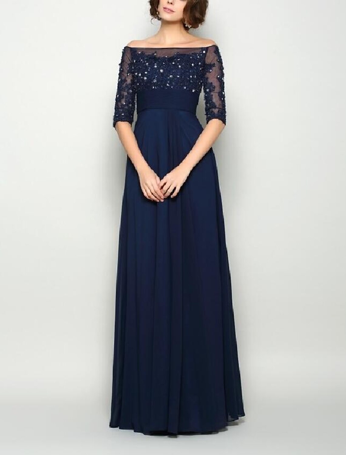 A-Line Mother of the Bride Dress Elegant & Luxurious Off Shoulder Floor Length Chiffon Lace Half Sleeve with Sash / Ribbon Pleats Crystals