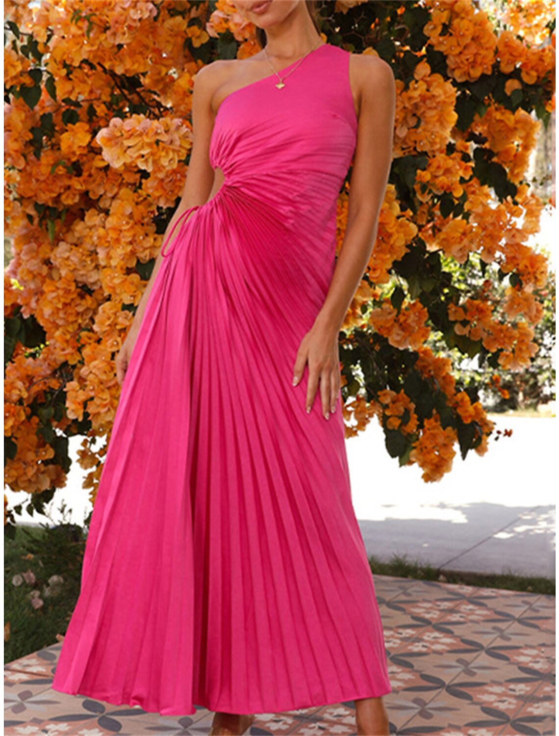 Women's Prom Dress Party Dress Cut Out Dress Long Dress Maxi Dress Black Light Purple Fuchsia Sleeveless Plain Pleated Summer Spring Fall One Shoulder Elegant Wedding Guest Birthday Evening Party