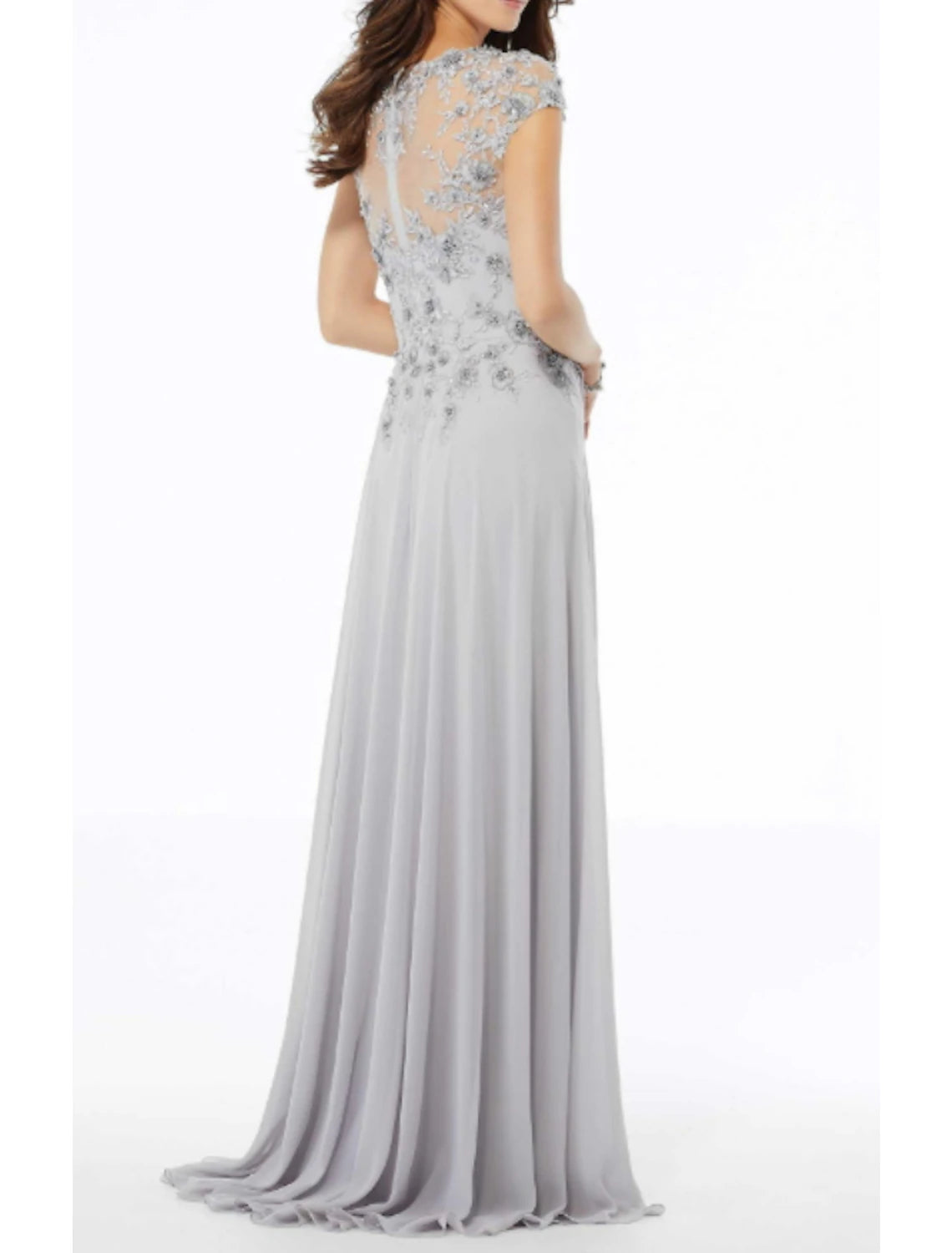 A-Line Mother of the Bride Dress Elegant Jewel Neck Floor Length Chiffon Tulle Short Sleeve with Embroidery Appliques
