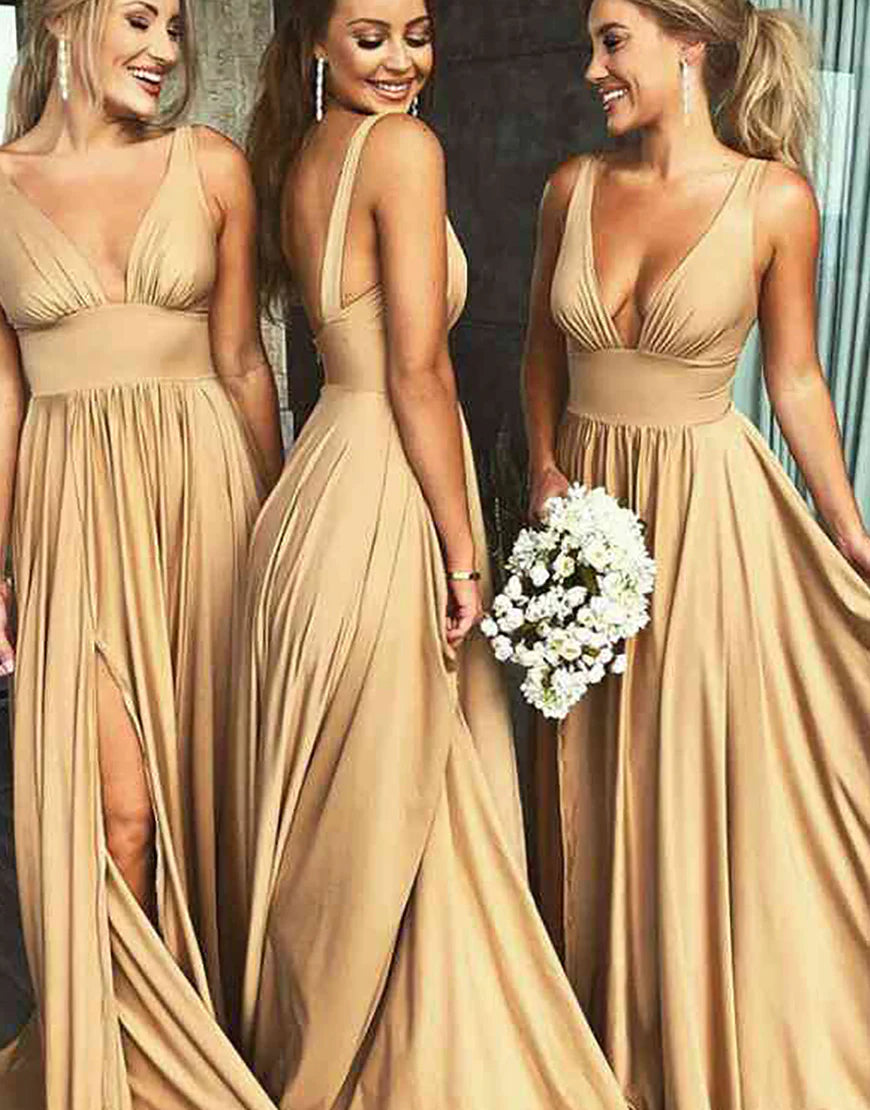 A-Line  Satin Long Bridesmaid Dress With Split