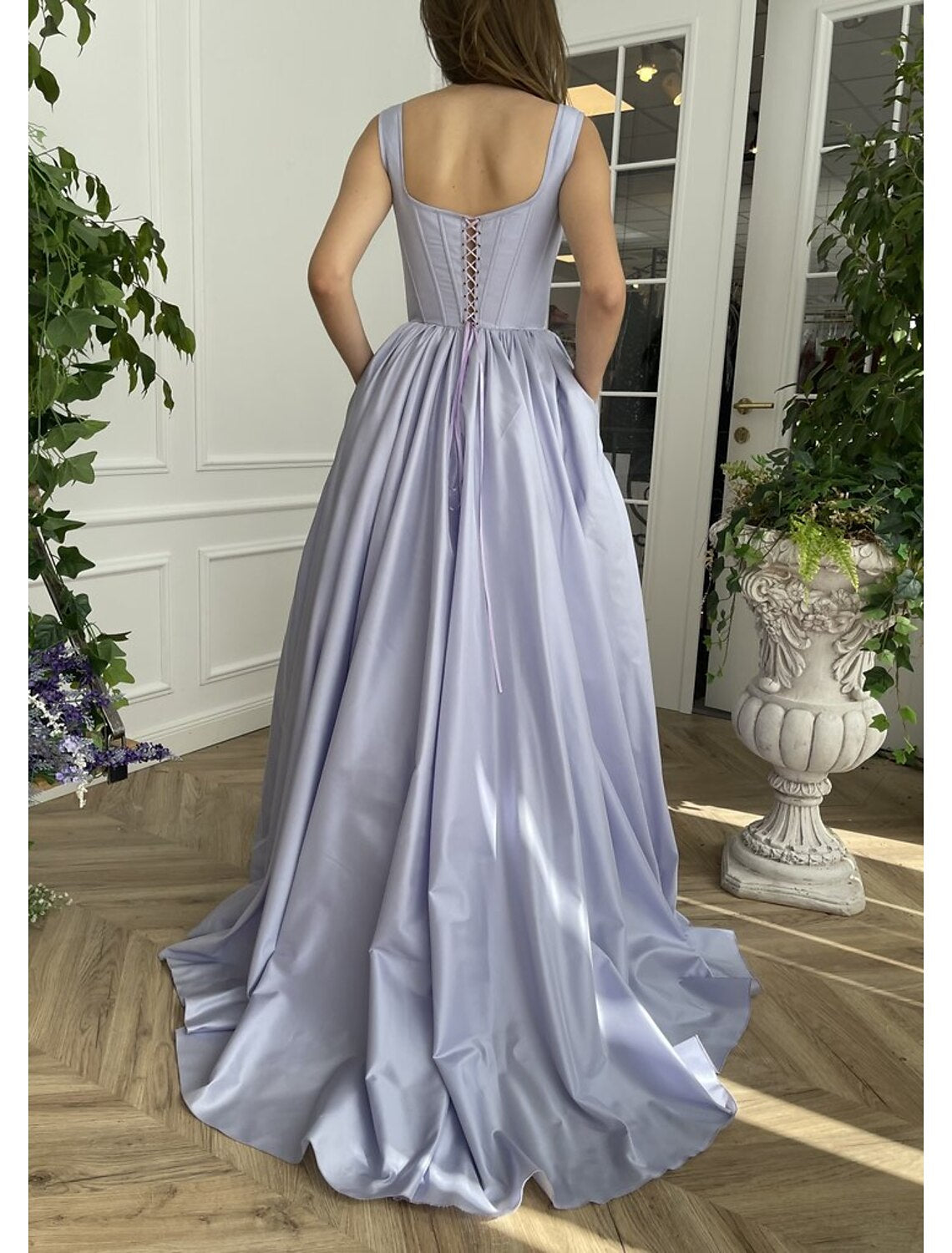A-Line Minimalist Elegant High Split Engagement Prom Dress Square Neck Sleeveless Sweep / Brush Train Satin with Slit Pure Color
