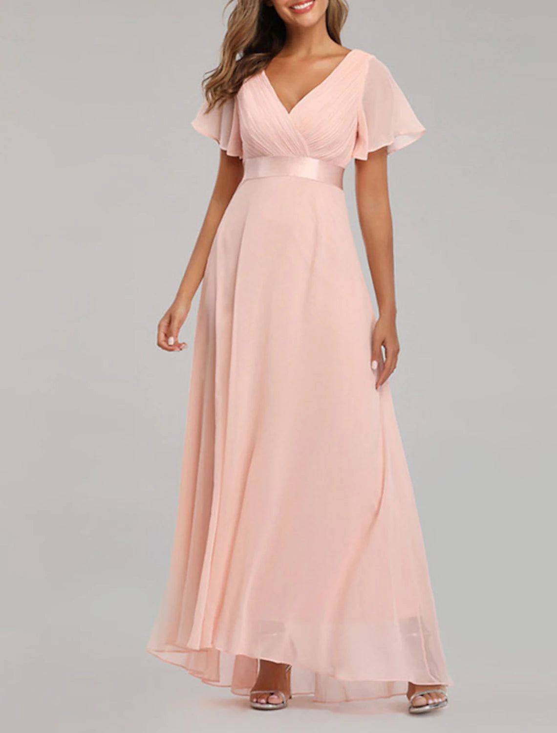 Women‘s Party Dress Wedding Guest Dress Chiffon Dress Long Dress Maxi Dress Black Pink Wine Short Sleeve Pure Color Zipper Spring Summer V Neck Party Party