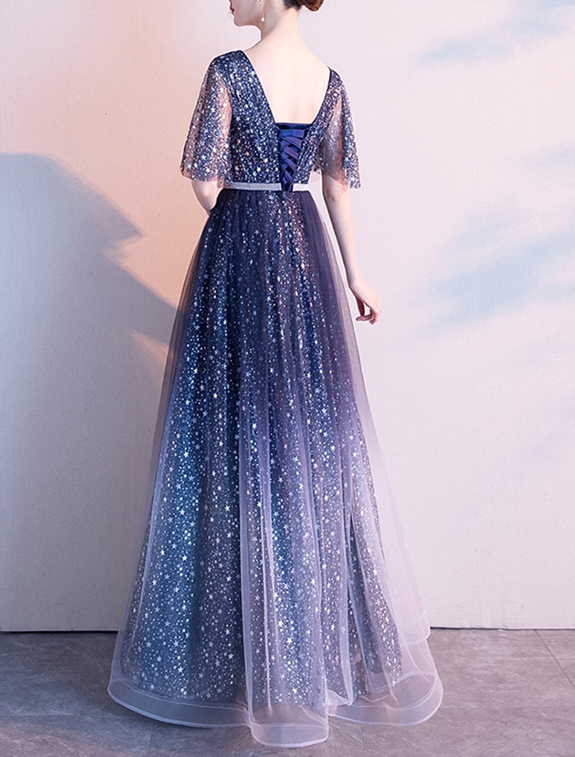 A-Line Evening Gown Glittering Dress Wedding Guest Prom Floor Length Half Sleeve V Neck Tulle with Sash / Ribbon Pleats Sequin