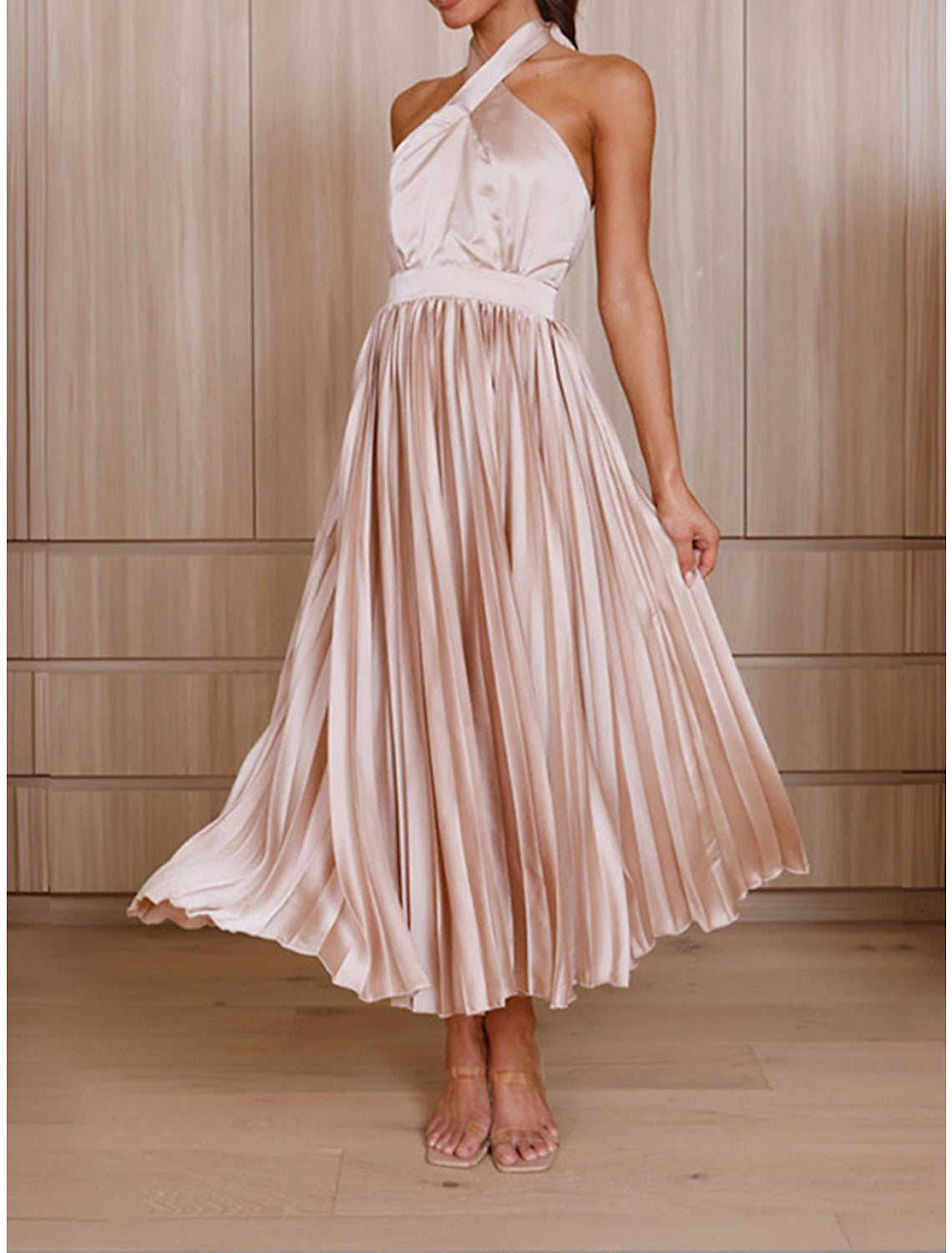 Women's Prom Dress Party Dress Wedding Guest Dress Long Dress Maxi Dress Black Pink Royal Blue Sleeveless Plain Pleated Summer Spring Fall Halter Neck Red Valentines Dress Valentine's Day Wedding