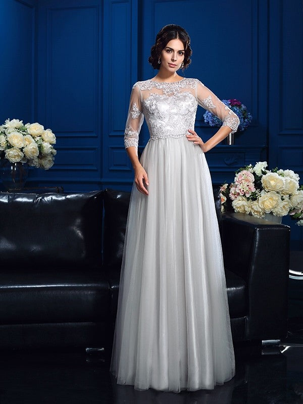 A-Line/Princess Scoop Applique 3/4 Sleeves Long  Woven Satin Mother of the Bride Dresses