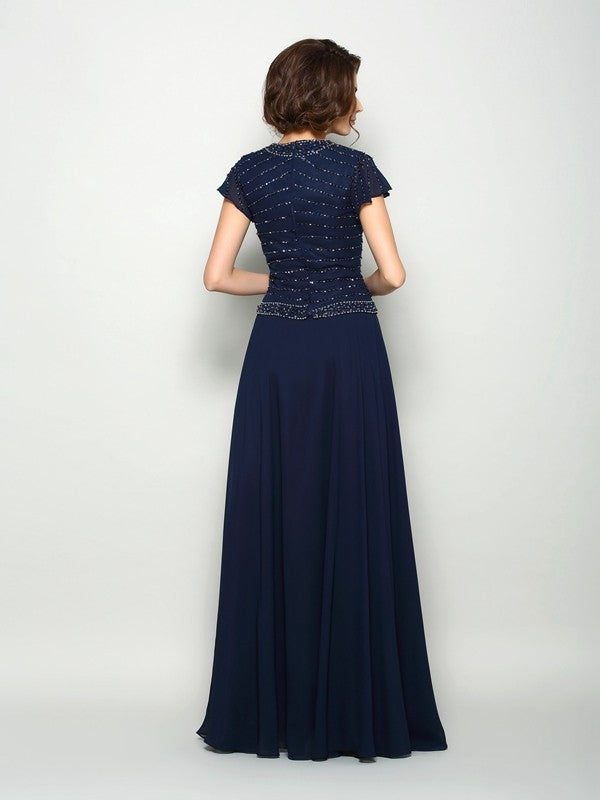 A-Line/Princess V-neck Beading Short Sleeves Long Chiffon Mother of the Bride Dresses