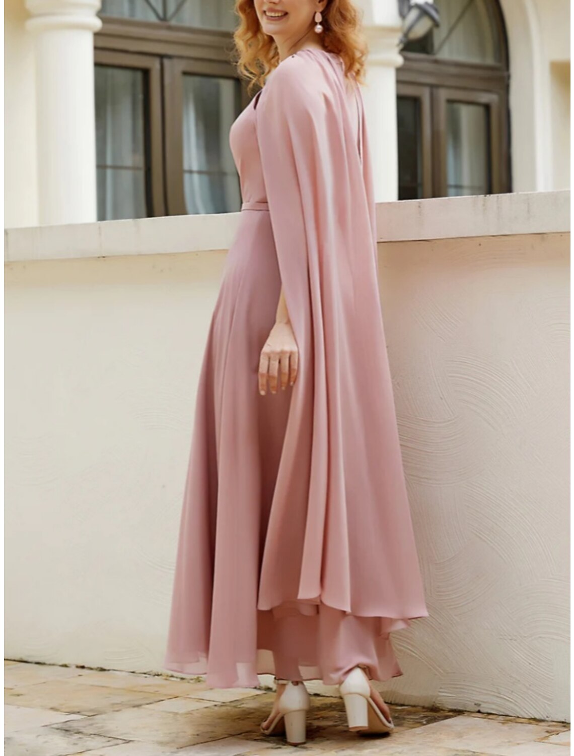 A-Line Mother of the Bride Dress Wedding Guest Elegant Jewel Neck Ankle Length Chiffon Sleeveless with Ruching Solid Color