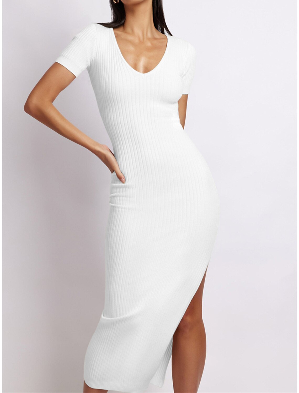 Women's Party Dress Cocktail Dress Wedding Guest Dress Midi Dress Black White Wine Short Sleeve Plain Split Summer Spring Fall V Neck Party Wedding Guest Vacation