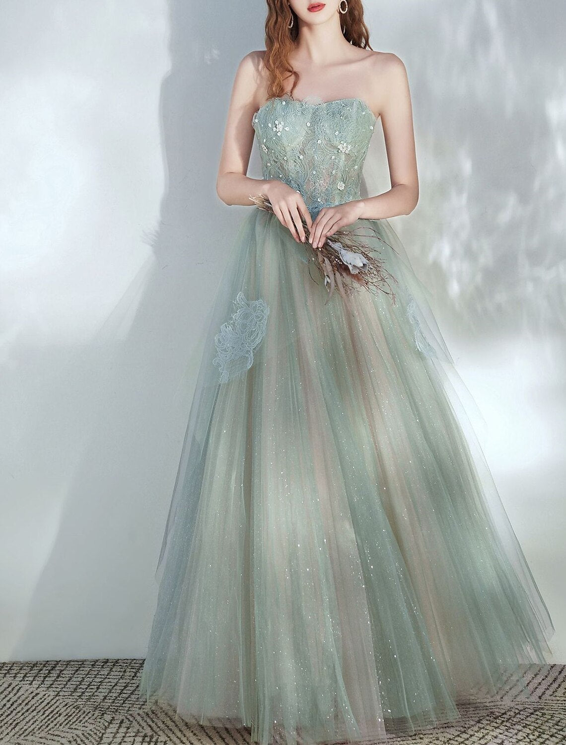 A-Line Party Dresses Glittering Dress Prom Birthday Floor Length Sleeveless Strapless Tulle with Glitter