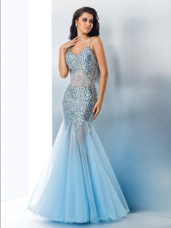 Mermaid Spaghetti Straps Sequin Sleeveless Long Tulle Prom Dresses