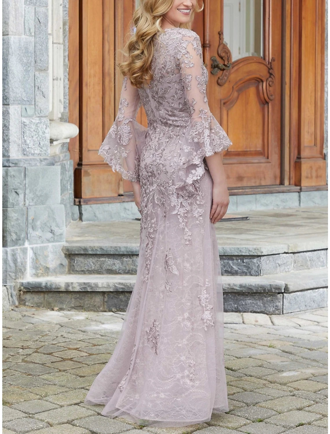 A-Line Mother of the Bride Dress Wedding Guest Elegant V Neck Floor Length Lace Long Sleeve with Ruching Solid Color
