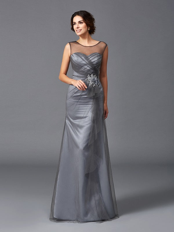 Sheath/Column Scoop Beading Sleeveless Long Net Mother of the Bride Dresses
