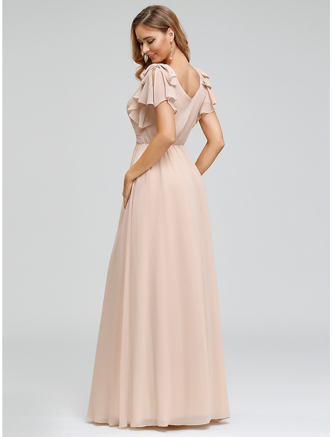 A-Line Mother of the Bride Dress Plus Size V Neck Floor Length Chiffon Short Sleeve with Ruffles Ruching