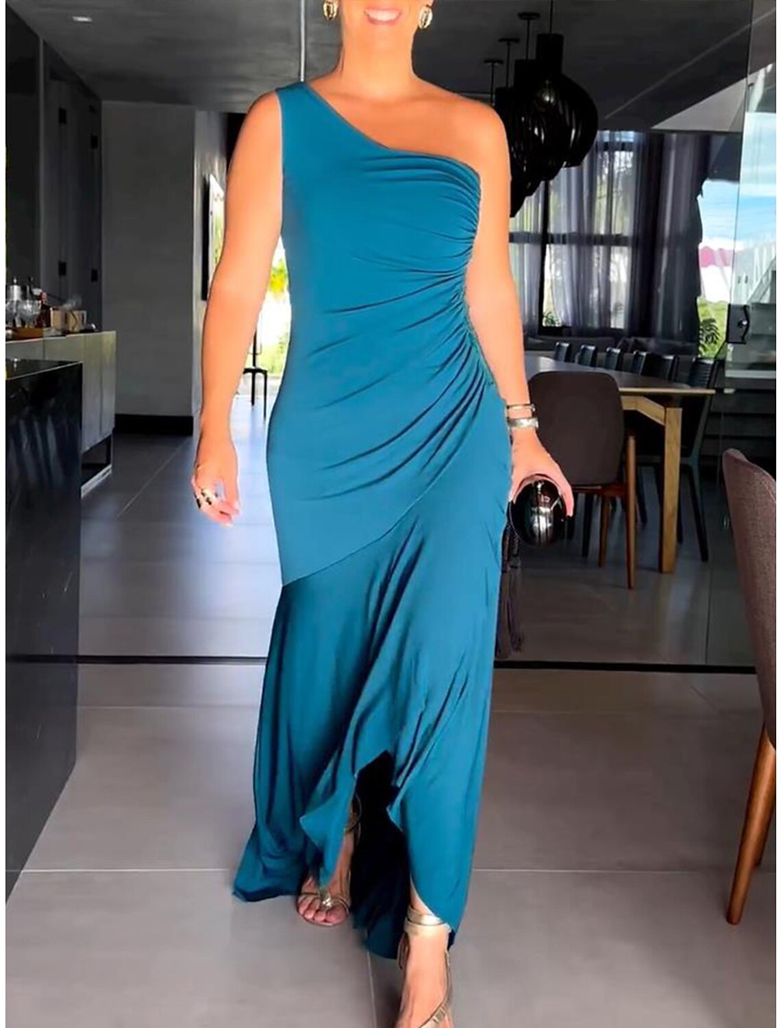 Women's Prom Dress Party Dress Wedding Guest Dress Long Dress Maxi Dress Blue Green Sleeveless Pure Color Plus High Low Spring Fall Winter One Shoulder Fashion Winter Dress Wedding Guest Evening Party