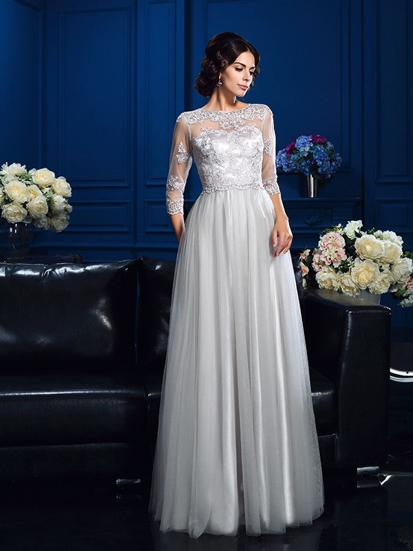 A-Line/Princess Scoop Applique 3/4 Sleeves Long  Woven Satin Mother of the Bride Dresses