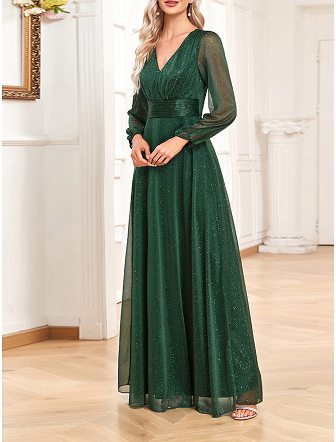 Women‘s Christmas Prom Dress Party Dress Wedding Guest Dress Long Dress Maxi Dress Dark Green Long Sleeve Pure Color Patchwork Fall Winter Autumn V Neck Fashion Birthday Evening Party Wedding Guest
