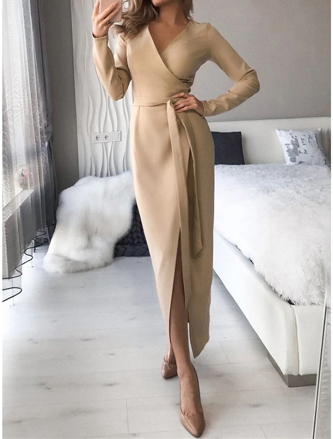 Women's Party Dress Wedding Guest Dress Sheath Dress Long Dress Maxi Dress Black White Khaki Long Sleeve Pure Color Lace up Fall Winter Autumn V Neck Fashion Winter Dress Wedding Guest Birthday